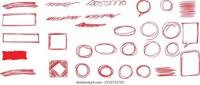 Collection of hand drawn red marker scribbles underlines circles and rectangular frames for highlighting text elements