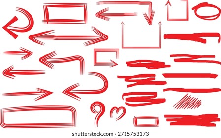 Collection of hand drawn red marker arrows underlines and rectangular shapes for highlighting important text elements