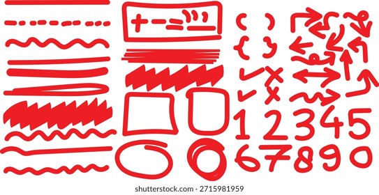 Sammlung von handgezeichneten roten Markierungselementen einschließlich Pfeile unterstreicht Kreise Boxen Zahlen und mathematische Symbole
