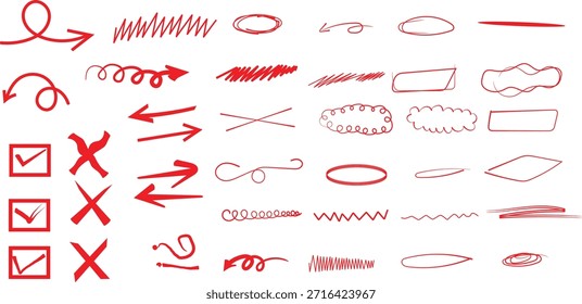 Sammlung von handgezeichneten roten Markierungsritzen Pfeile unterstreicht Kreise Markierungen und Korrektur-Symbole für das Design.