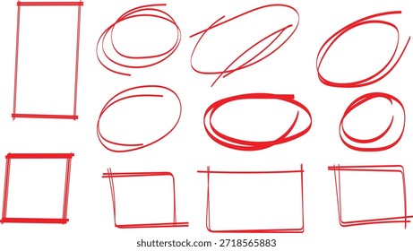 Collection of hand drawn red marker circles and rectangular shapes used for highlighting important information on a document.