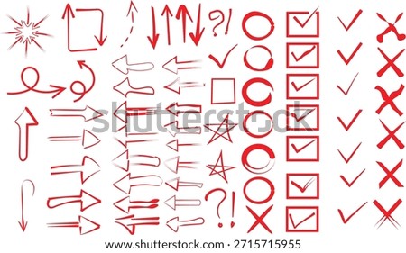 Collection of hand drawn red marker arrows check marks crosses circles and symbols for design