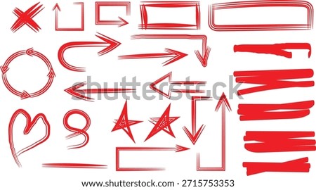 Collection of hand drawn red marker elements including arrows circles boxes and underlines for editing