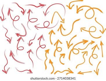 Collection of hand drawn red and orange curved arrows pointing in various directions on white background.