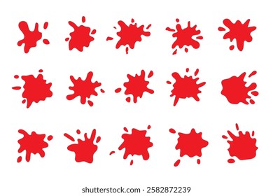 Collection of hand drawn red paint splashes. Drips of ketchup sauce Red sauces, splashes. Bloody splashes. Isolated on white background. Element for your designs, projects, halloween design
