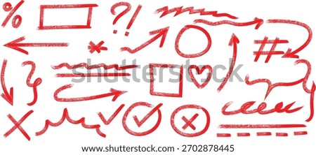 Collection of hand drawn red symbols and arrows on a white background with a textured effect
