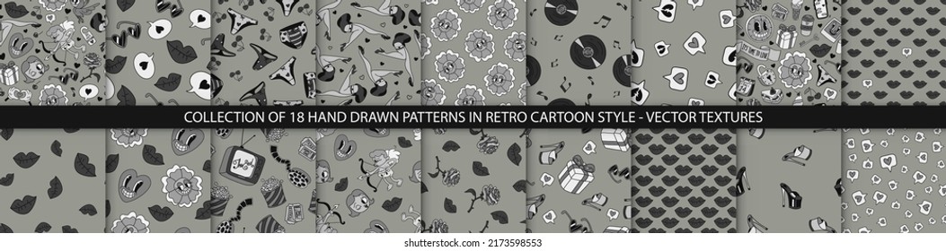 Collection of hand drawn retro cartoon style patterns. Retro fashion trendy textures. Vector backgrounds