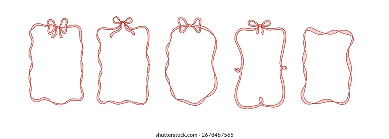 Colección de marcos de lazo de cinta dibujados a mano en estilo coqueta. Lindos bordes decorativos para tarjetas, invitaciones, planificadores, scrapbooking, diseño de envases, proyectos digitales y redes sociales
