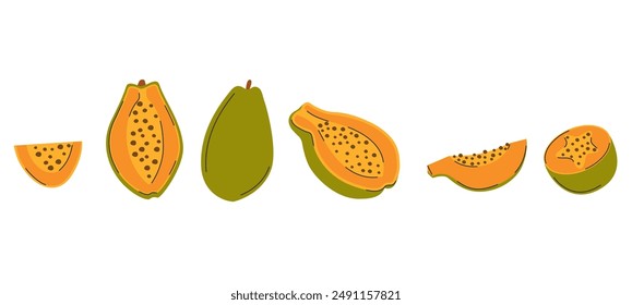 Collection of hand drawn ripe fresh papaya. Half, whole fruit, pieces and slices. Summer fruits for healthy lifestyle
