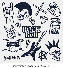 collection hand drawn rock and roll metal music elements, Vector illustration