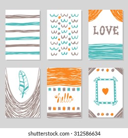Collection of hand drawn romantic cards and invitations. Trendy posters with hand drawn background. Vector illustration