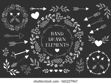 Collection of hand drawn romantic design elements. Vector.