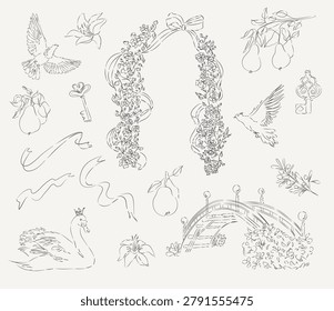 Collection of hand drawn romantic garden elements featuring floral arch, birds, swan, pears, flowers, ribbons, key, bridge and botanical branches. 