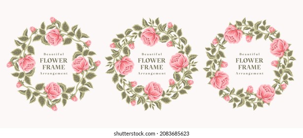 Collection Of Hand Drawn Rose, Peony Flowers And Leaf Branch Wreath Vector Illustration Arrangement For Decoration, Wedding Invitation, Greeting Card, Beauty And Feminine Products