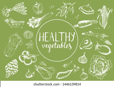 Collection of hand drawn rough simple sketches of different kinds of vegetables. Vector hand drawn vintage set engraving illustration. Isolated on on green background

