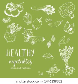 Collection of hand drawn rough simple sketches of different kinds of vegetables. Vector hand drawn vintage set engraving illustration. Isolated on on green background
