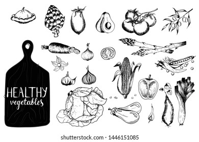 Collection of hand drawn rough simple sketches of different kinds of vegetables. Vector hand drawn vintage set engraving illustration. Isolated on the white background