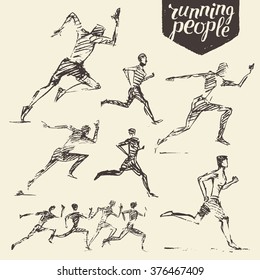 Collection of hand drawn running man. Healthy lifestyle. Vector illustration, sketch