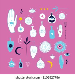 Collection of hand drawn sacred signs and symbols Esoteric Mystic Magical spiritual design elements Third eye hand Stars Moon Sun Witchcraft herbs jars bottles hearts Vector illustration