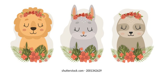 Collection of hand drawn safari animal portrait in flower wreaths. Tropical leaves frame. Cute poster with leo, hare, sloth.