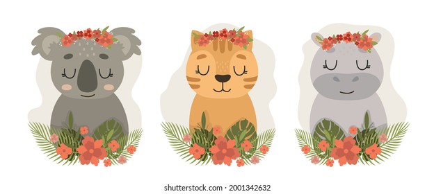 Collection of hand drawn safari animal portrait in flower wreaths. Tropical leaves frame. Cute poster with tiger, koala, hippo.