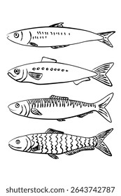 Collection of hand drawn sardine fish illustration in black. Stylized set perfect for seafood packaging, retro labels, restaurant menus and nautical-themed designs. Vector Illustration