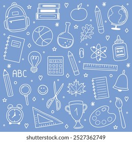 Collection of a hand drawn school icons. Cute stationery elements. Vector illustration