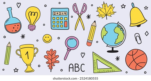 Collection of a hand drawn school stickers. Cartoon stationery icons. Vector illustration