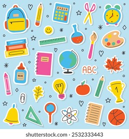 Collection of a hand drawn school stickers. Cartoon stationery icons. Vector illustration