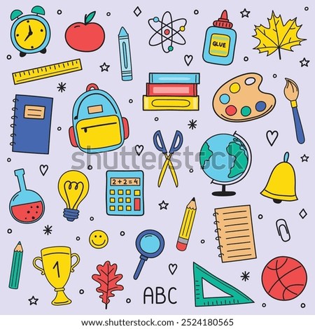 Collection of a hand drawn school stickers. Cartoon stationery icons. Vector illustration