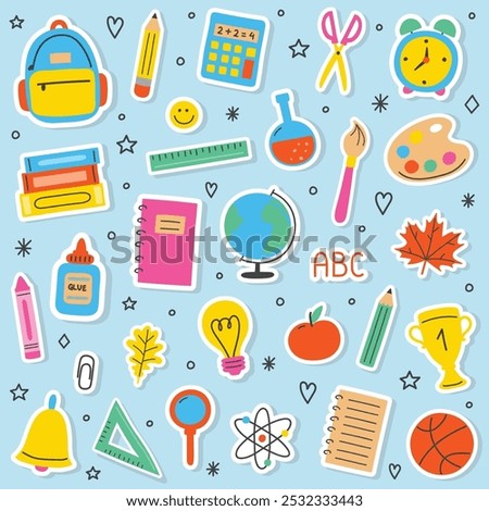 Collection of a hand drawn school stickers. Cartoon stationery icons. Vector illustration