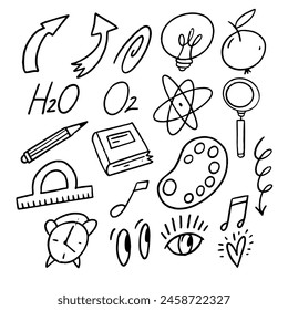 A collection of hand drawn school supplies including pencils, erasers, rulers, and notebooks on a white background. Each product is meticulously detailed with line art and patterns