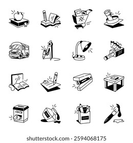 Collection of Hand Drawn School Supplies Icons 
