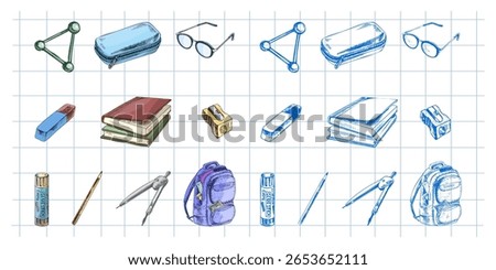 Collection of hand drawn school supplies including books, pens, erasers, sharpeners, compass and backpack. Set includes both color and monochrome versions on squared paper background. 