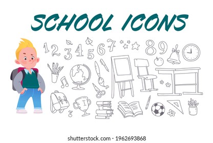 Collection of hand drawn school supply icons and schoolboy character with backpack isolated on white background. Vector flat doodle cartoon style. For ads, banners, posters, web, packaging.