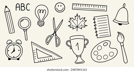 Colección de material escolar dibujado a mano. Iconos lindos de papelería. Ilustración vectorial