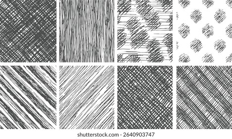A collection of hand drawn scratchy textures and grungy patterns in black and white for design elements