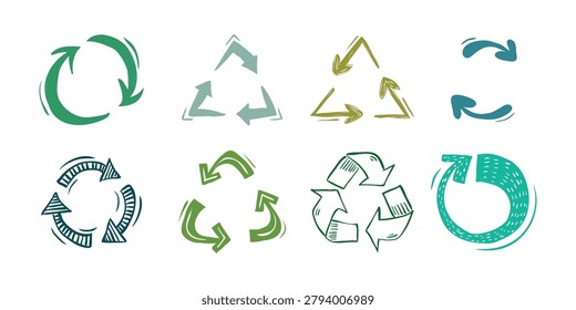 Collection of hand drawn scribble recycle icons of circular arrows representing reuse, reduce, and rethink concepts. Vector illustration eco theme set elements.