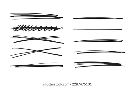 Collection of hand drawn scribbles, underline with marker, pen, pencil. Abstract lines for handwritten text design. Vector illustration isolated on white background.