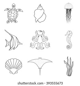 Collection of hand drawn sea creatures in modern mono line style on isolated white background.Vector stingray, jellyfish, fish, sea horse, octopus, shells, seaweed and sea turtle.
