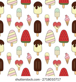 colección de patrones sin costura dibujados a mano versiones de colores de helado sobre un fondo blanco