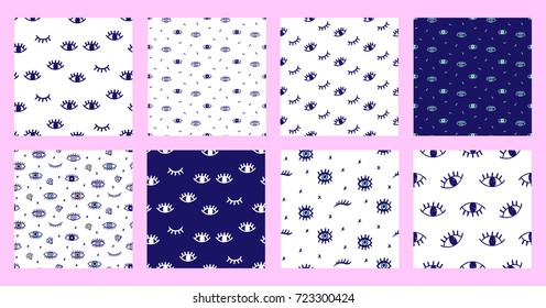 Collection of hand drawn seamless patterns with open and winking eyes. Vector illustration.