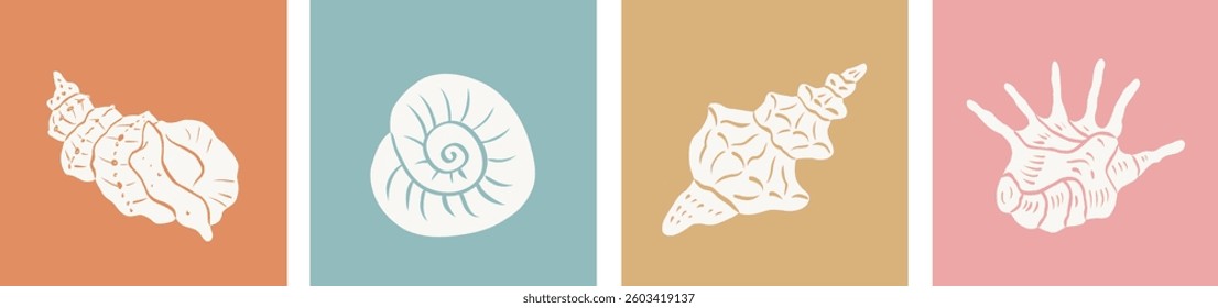 Collection hand drawn seashells in pastel colors. Minimalist vintage marine silhouettes. Summer coastal design elements for trendy prints, invitation, menu cover. Tropical beach shells.