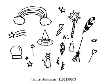 Collection of hand drawn set of magical items
