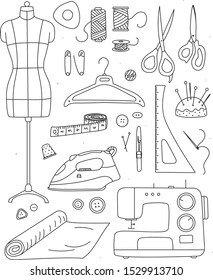 Colección de herramientas de coser y tejido dibujadas a mano.