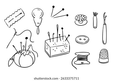Coleção de ferramentas de costura desenhadas à mão, incluindo agulhas, fio, dedal e pinos no estilo doodle vetorial. Representa o conceito de artesanato, alfaiataria e agulha