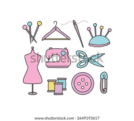 Collection of hand drawn sewing tools and supplies