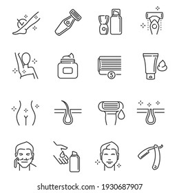 Collection of hand drawn shaving icon monochrome outline vector illustration. Set of simple line epilation depilation equipment care isolated on white. Sugaring hair removing razor and shave cream svg