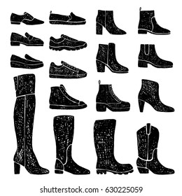 Collection of hand drawn shoes.Footwear.Vector illustration.