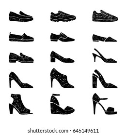 Collection of hand drawn shoes.Footwear.Vector illustration.
